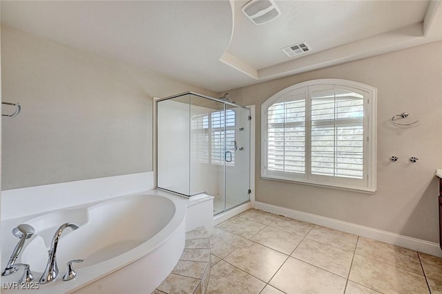 full bathroom featuring a garden tub, vanity, visible vents, a shower stall, and tile patterned floors