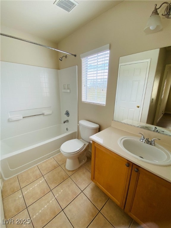 full bath with bathtub / shower combination, visible vents, toilet, vanity, and tile patterned flooring