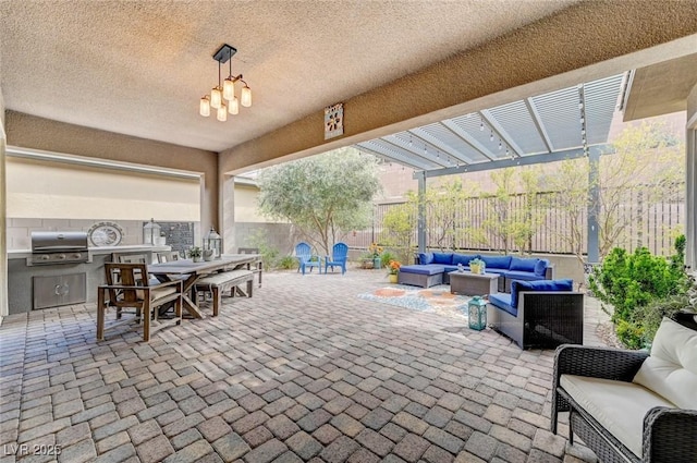 view of patio with area for grilling, an outdoor hangout area, fence, a pergola, and outdoor dining space