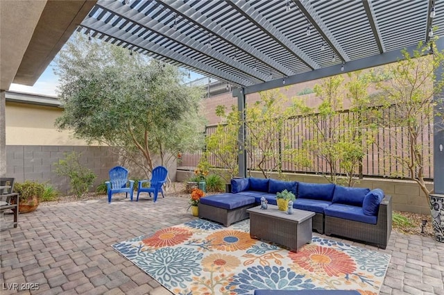 view of patio / terrace with a fenced backyard, an outdoor hangout area, and a pergola