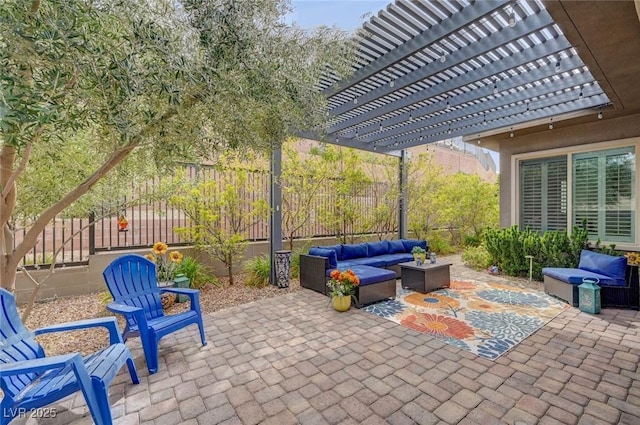 view of patio featuring an outdoor hangout area, a fenced backyard, and a pergola