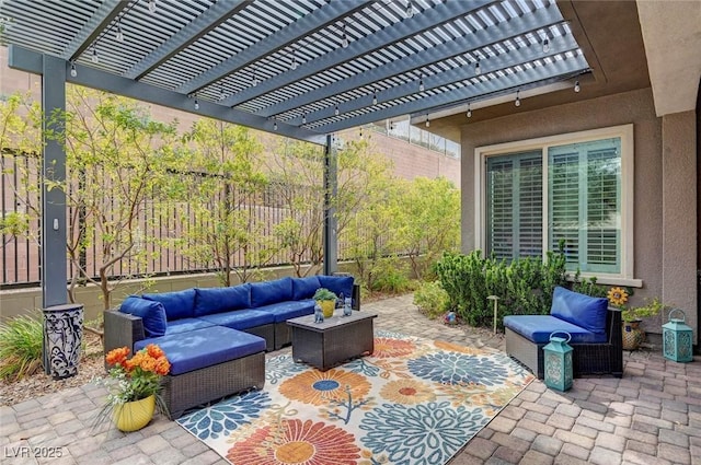 view of patio featuring fence, outdoor lounge area, and a pergola