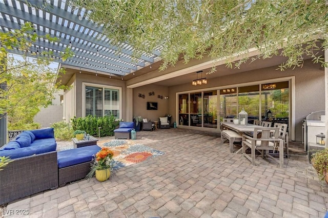 view of patio with outdoor dining area, an outdoor living space, and a pergola