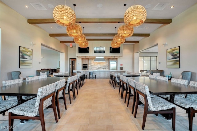 dining area with visible vents, beam ceiling, and recessed lighting