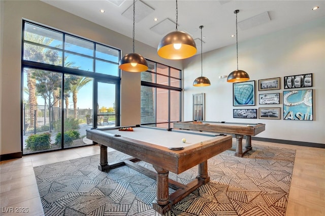 recreation room featuring billiards, a high ceiling, baseboards, and recessed lighting