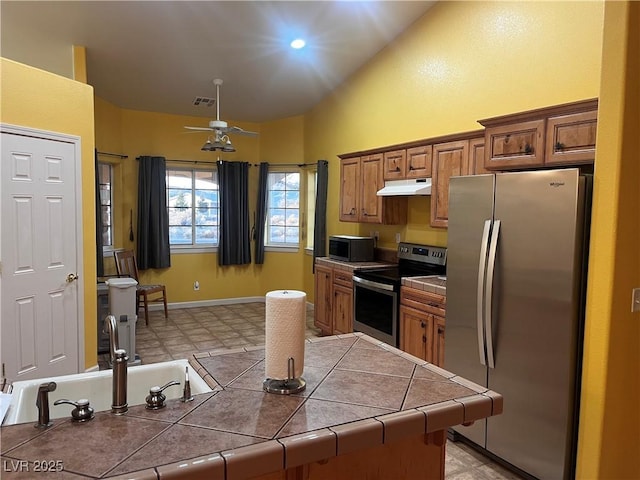 kitchen featuring under cabinet range hood, stainless steel appliances, a sink, tile counters, and brown cabinets