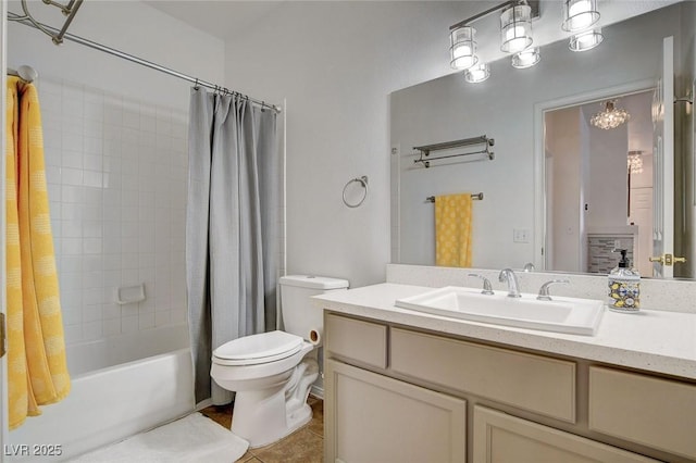 bathroom featuring toilet, shower / tub combo, tile patterned flooring, and vanity