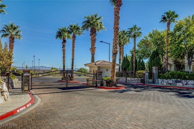 view of street with curbs, street lighting, a gated entry, and a gate