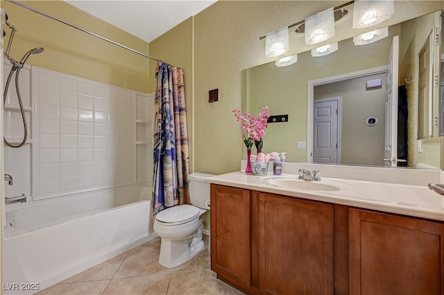 full bathroom with vanity, tile patterned flooring, toilet, and shower / tub combo with curtain