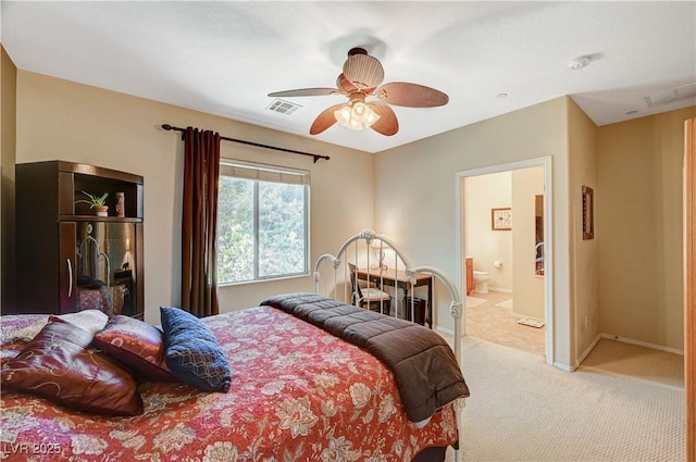 bedroom featuring baseboards, visible vents, a ceiling fan, connected bathroom, and carpet flooring