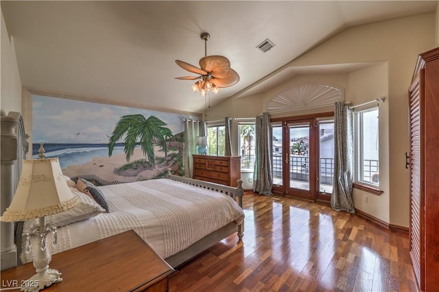 bedroom with access to exterior, lofted ceiling, french doors, and wood finished floors