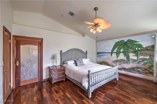 bedroom with lofted ceiling, visible vents, ceiling fan, and wood finished floors