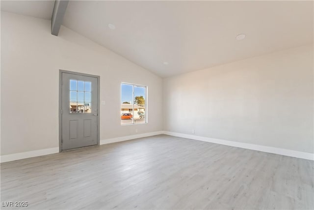 unfurnished room with high vaulted ceiling, light wood-type flooring, beam ceiling, and baseboards