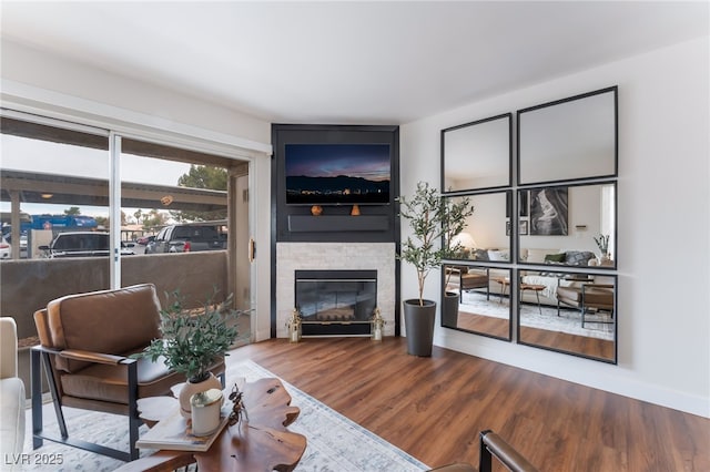 living room with a stone fireplace and wood finished floors