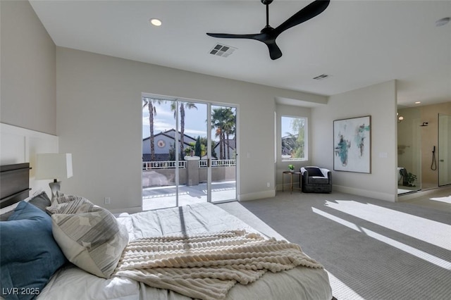 bedroom with access to exterior, baseboards, visible vents, and carpet flooring