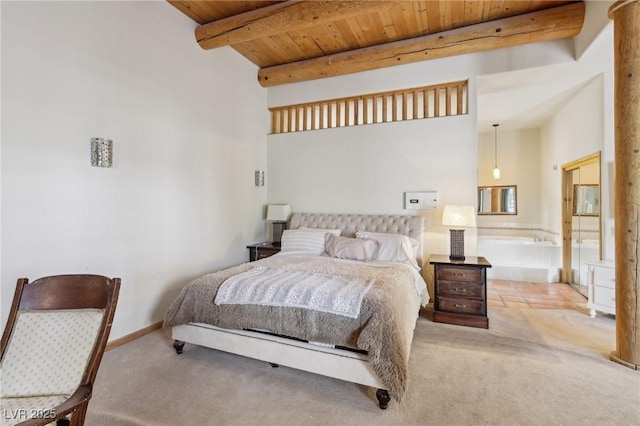 carpeted bedroom with beamed ceiling, wooden ceiling, and baseboards