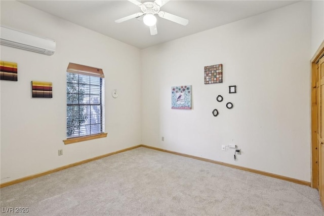 unfurnished room featuring carpet, ceiling fan, baseboards, and a wall mounted AC