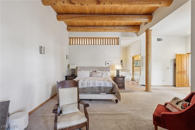 bedroom featuring light carpet, wood ceiling, visible vents, beam ceiling, and ornate columns