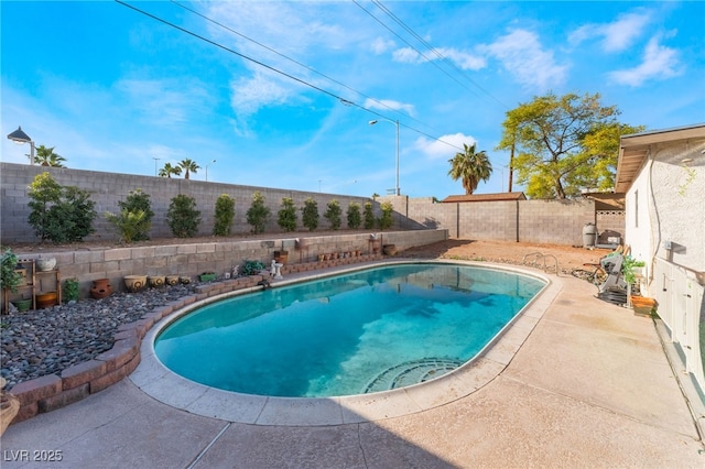 view of swimming pool featuring a fenced backyard and a fenced in pool