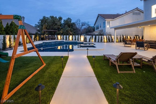 view of swimming pool with a lawn, a fenced in pool, a patio area, outdoor lounge area, and a playground