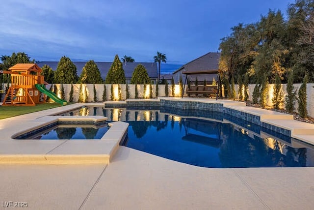 view of swimming pool with a fenced in pool, a fenced backyard, an in ground hot tub, a gazebo, and a playground