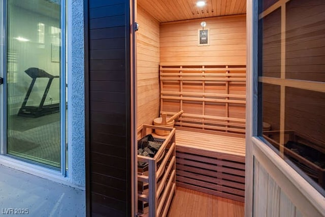 view of sauna / steam room with wood finished floors