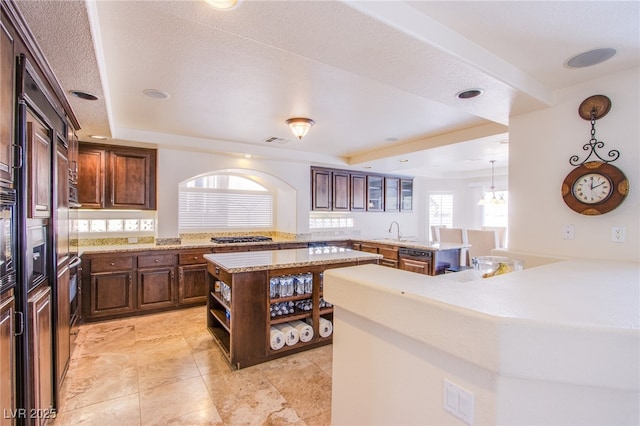 kitchen featuring open shelves, a peninsula, stainless steel gas stovetop, a raised ceiling, and a sink