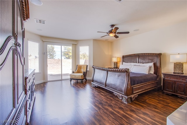 bedroom featuring visible vents, baseboards, access to outside, a ceiling fan, and dark wood-style flooring