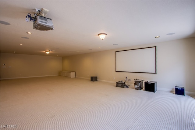 home theater with carpet flooring, recessed lighting, and baseboards