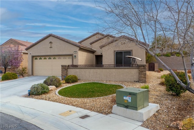 view of front of home featuring concrete driveway, a fenced front yard, an attached garage, and stucco siding