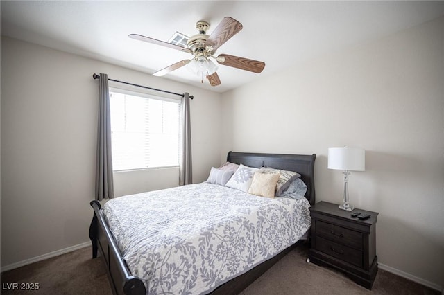 bedroom with carpet flooring, ceiling fan, and baseboards