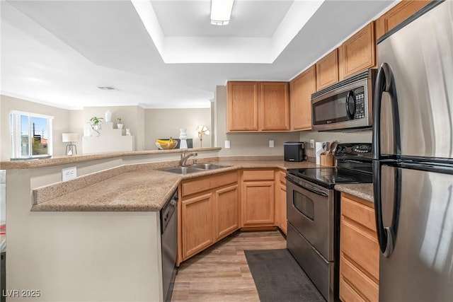 kitchen featuring a peninsula, a tray ceiling, stainless steel appliances, light wood-type flooring, and a sink