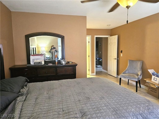 bedroom with a ceiling fan and baseboards