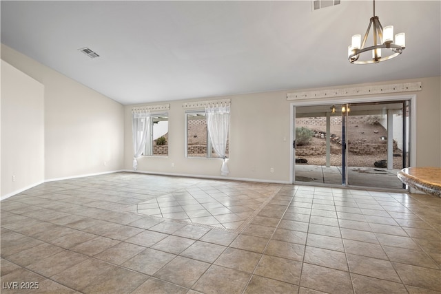 845 Holly Lake Way, Henderson, NV 89002 - unfurnished room with vaulted ceiling, baseboards, tile patterned floors, visible vents, and a notable chandelier