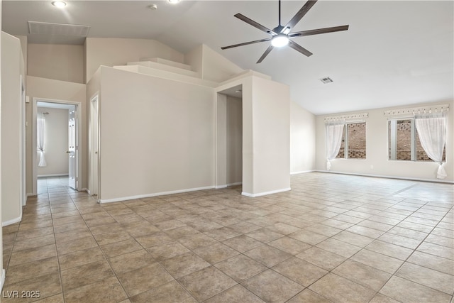 tiled spare room with visible vents, high vaulted ceiling, a ceiling fan, and baseboards