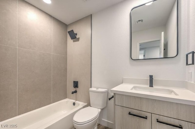 full bath with bathtub / shower combination, visible vents, vanity, and toilet