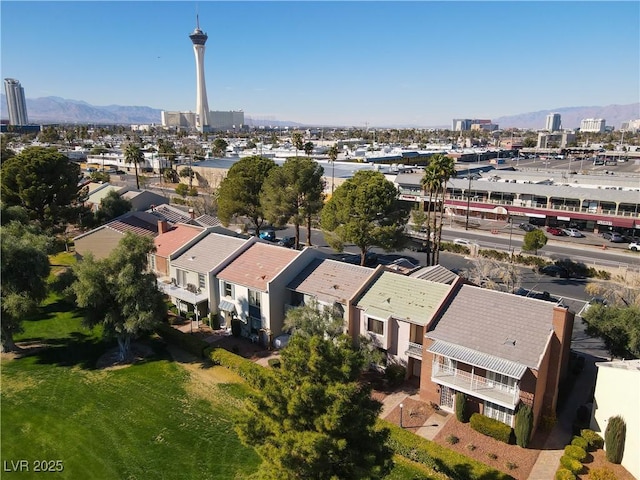 aerial view with a view of city and a mountain view