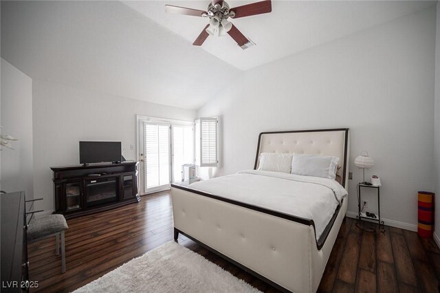 bedroom with lofted ceiling, visible vents, hardwood / wood-style floors, ceiling fan, and baseboards