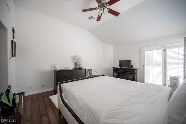 bedroom featuring wood finished floors, visible vents, access to exterior, vaulted ceiling, and baseboards