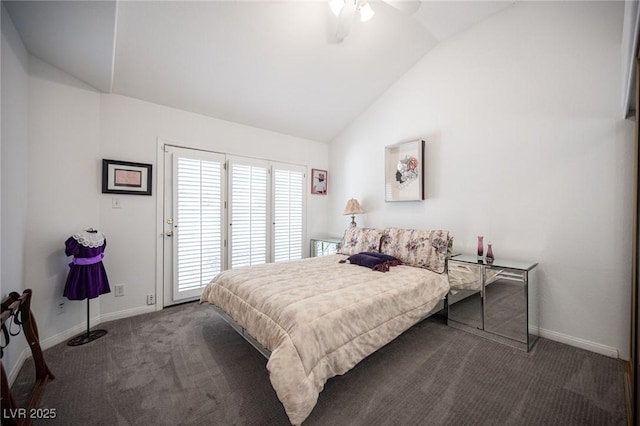 carpeted bedroom with a ceiling fan, lofted ceiling, access to outside, and baseboards