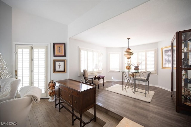 interior space with dark wood-style floors, lofted ceiling, and baseboards