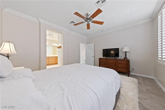 bedroom with carpet floors, visible vents, crown molding, and baseboards