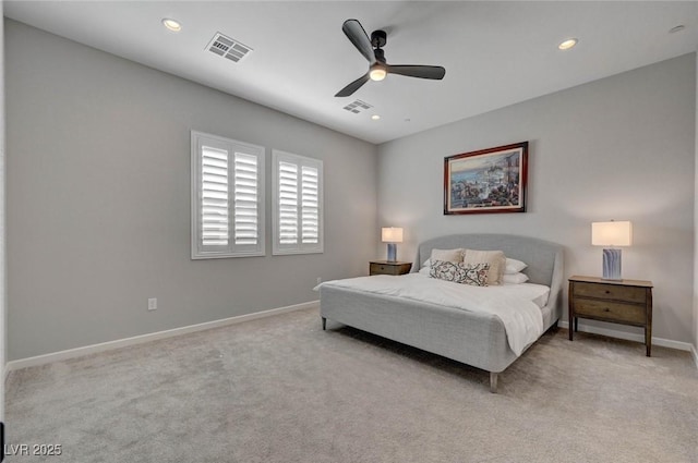 bedroom with carpet floors, recessed lighting, visible vents, and baseboards