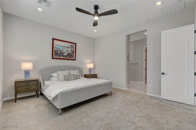 bedroom with light colored carpet, visible vents, baseboards, and recessed lighting