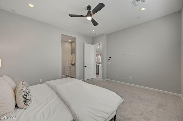 bedroom with light carpet, baseboards, visible vents, and recessed lighting