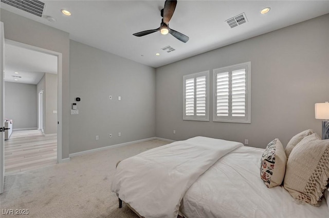 bedroom featuring visible vents, carpet flooring, and recessed lighting