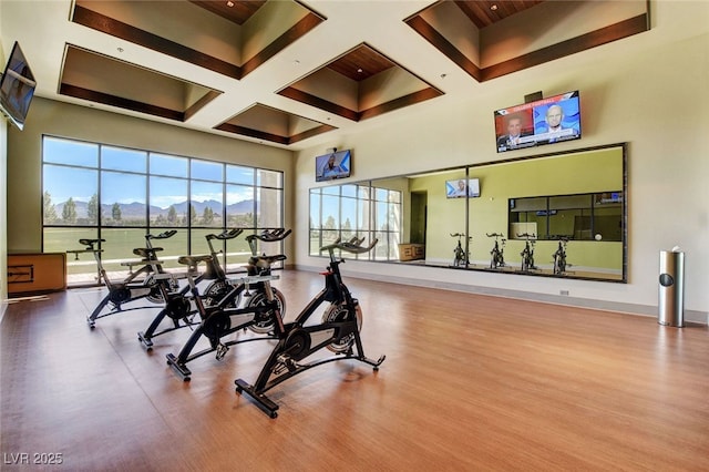 gym with a high ceiling, coffered ceiling, wood finished floors, and baseboards