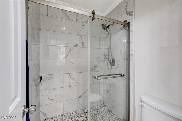 bathroom featuring a shower stall, toilet, and crown molding