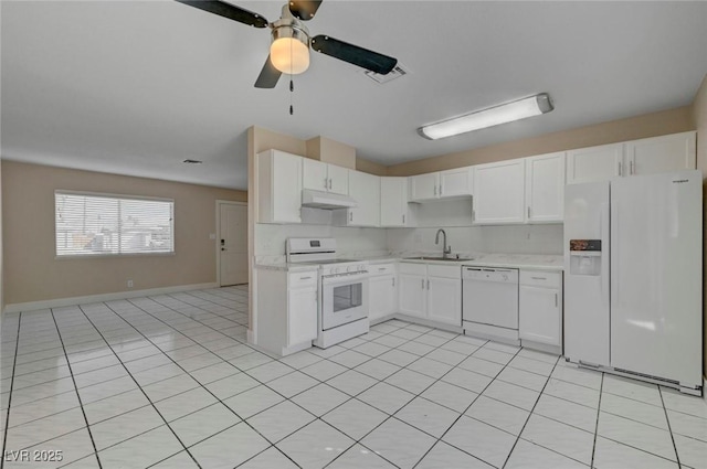 kitchen with light countertops, white cabinetry, a sink, white appliances, and under cabinet range hood