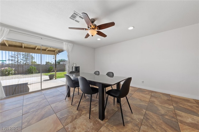 dining room featuring ceiling fan, recessed lighting, visible vents, and baseboards